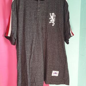 Grey red and white knit shirt